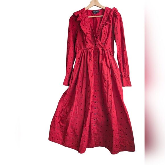 Hatch Red Embroidered Midi Button  Long Sleeve Cotton Dress Size S - Picture 16 of 16